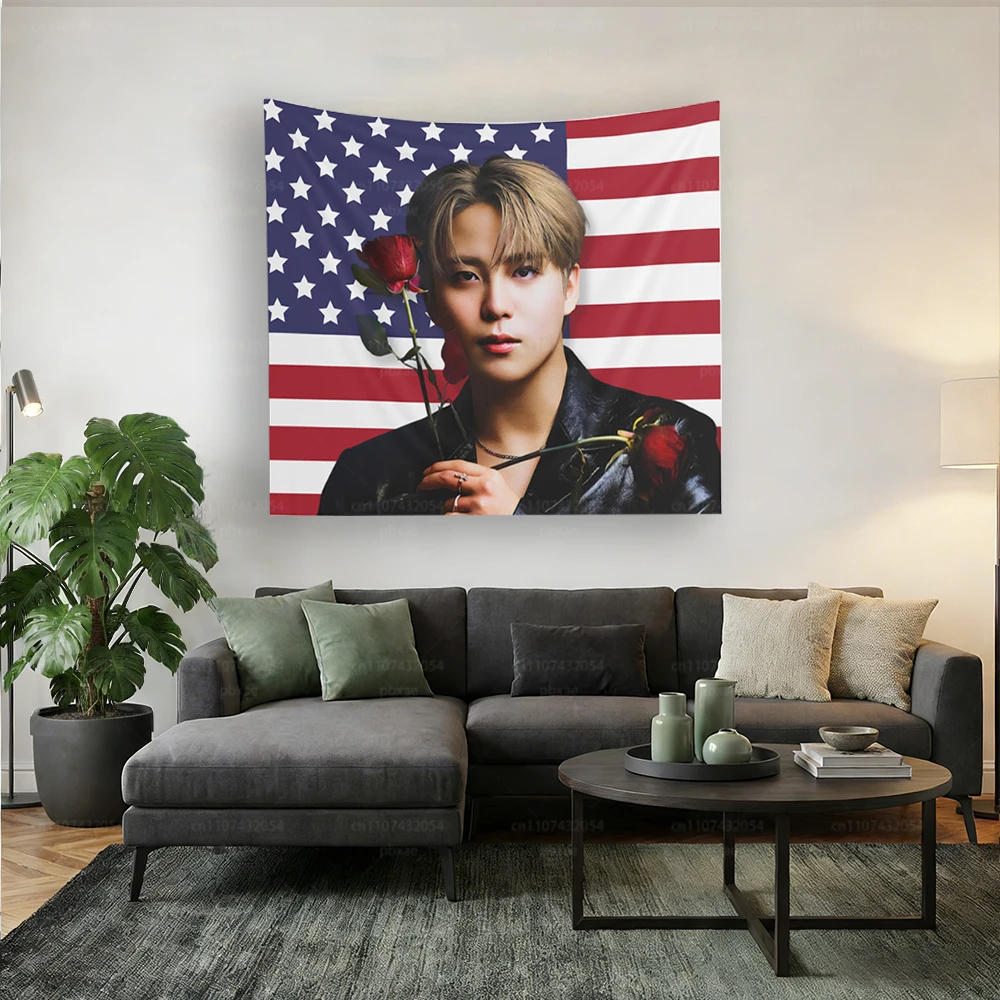 A-Ateez Jongho Kpop American Flag Tapestry, A-Ateez Kpop Merch Decor, Gift Ideas for Atiny