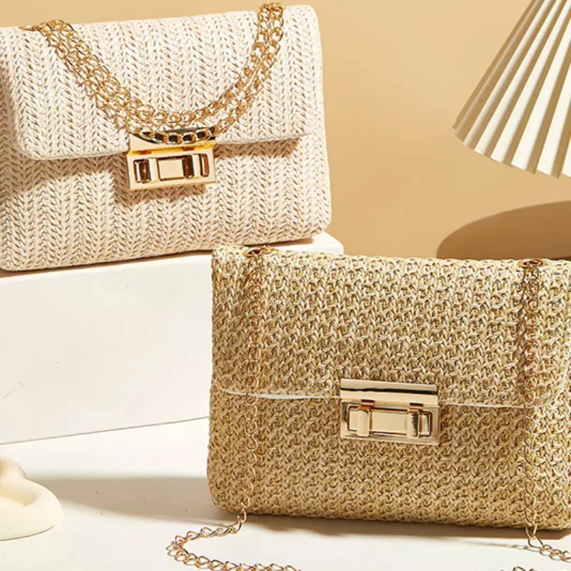 

Модная соломенная женская сумка на плечо с цепочкой, тканая большая вместительная сумка через плечо с пряжкой и клатчем ручной работы, женская сумка через плечо