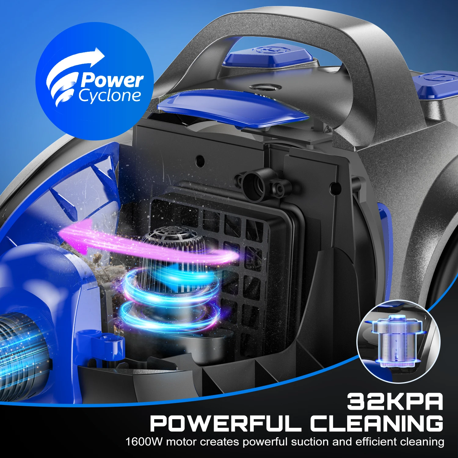 1600W Bagless Canister Vacuum Cleaner 32Kpa 3.7Qt Large Capacity Dust Storage H13 HEPA Filter Electric 5 Tool Set for Household view 3
