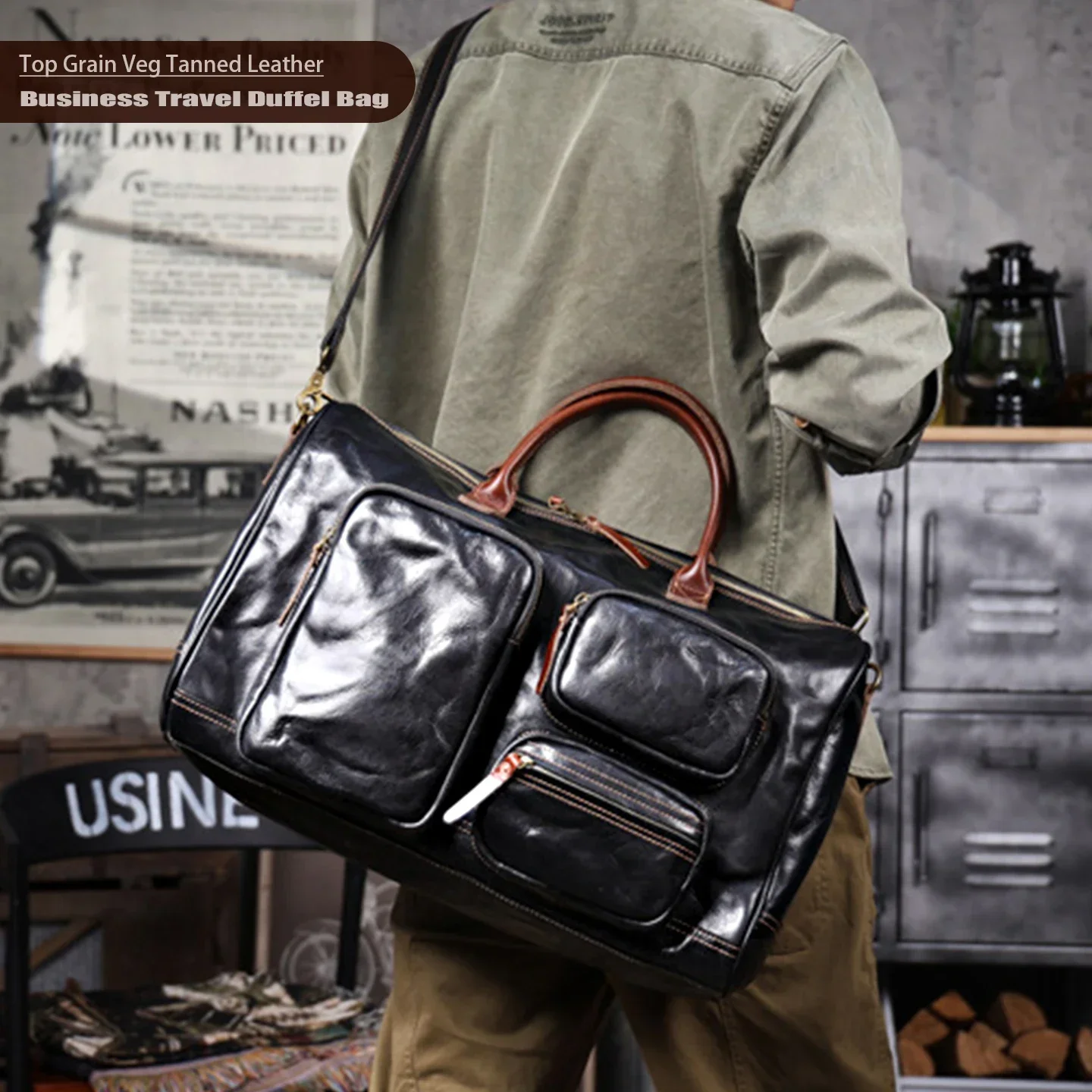 Men Luxury Veg Tanned Leather Large Duffle Bag Crossbody Shoulder Top Handle Bag for Business Commute Weekend Getaway