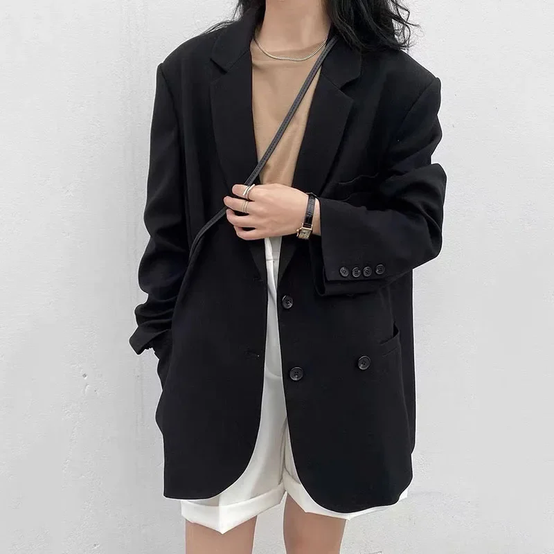 Fanan женские пиджаки куртки корейский шикарный двубортный офисный женский пиджак с длинными рукавами повседневная свободная верхняя одежда средней длины топ