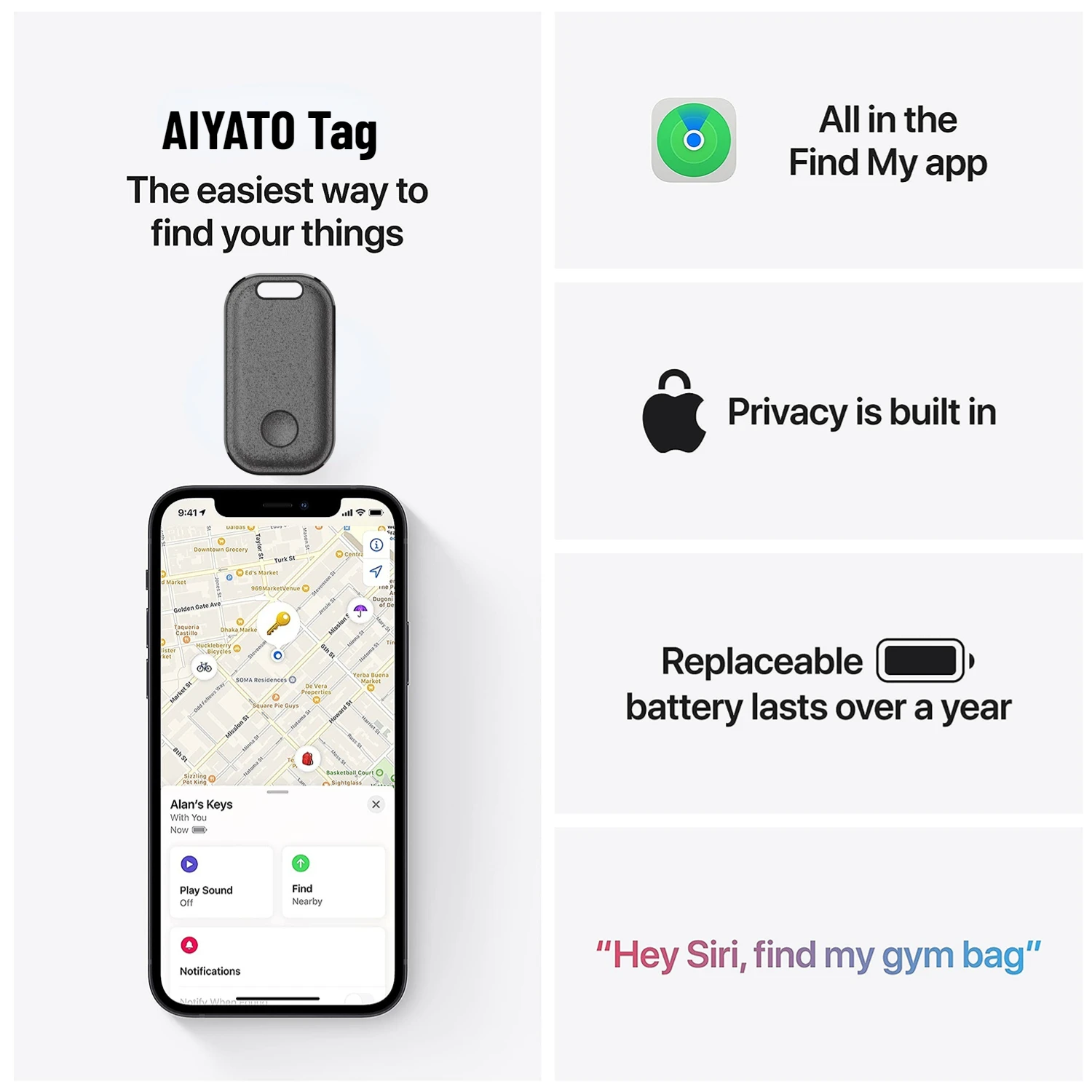 AiYaTo-rastreador GPS con Bluetooth, buscador de llaves, Airtag, funciona con Apple Find, mi red Global, localizador Itag para IOS, bolsas para niños