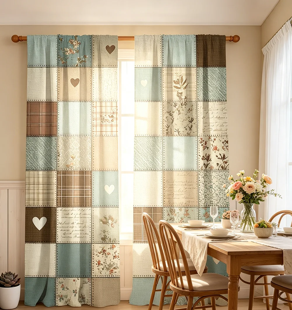 2pcs Digital Printed Curtains, Teal Brown Patchwork Pattern, Beautiful Window Drapes for Living Room Bedroom Home Decor