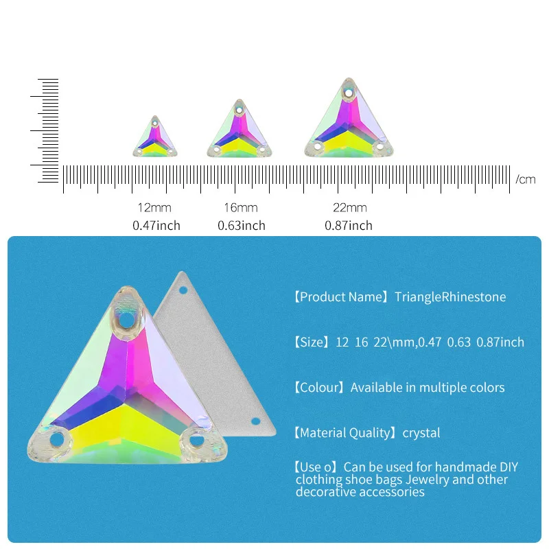Allsize Sew On strass AB Glass Stones Tri Angle Shape Crystal Three Holes Flatback Sewing On Stone For Clothes Craft