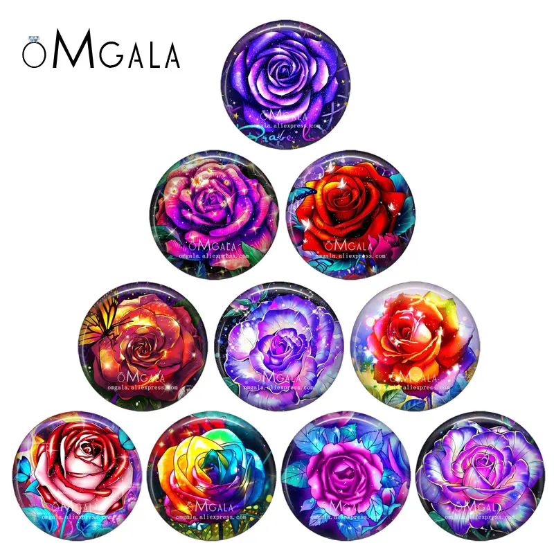 Beauty Rose Flowers Hydrangea Lotus 10pcs mixed 12mm/18mm/20mm/25mm Round photo glass cabochon demo flat back Making findings