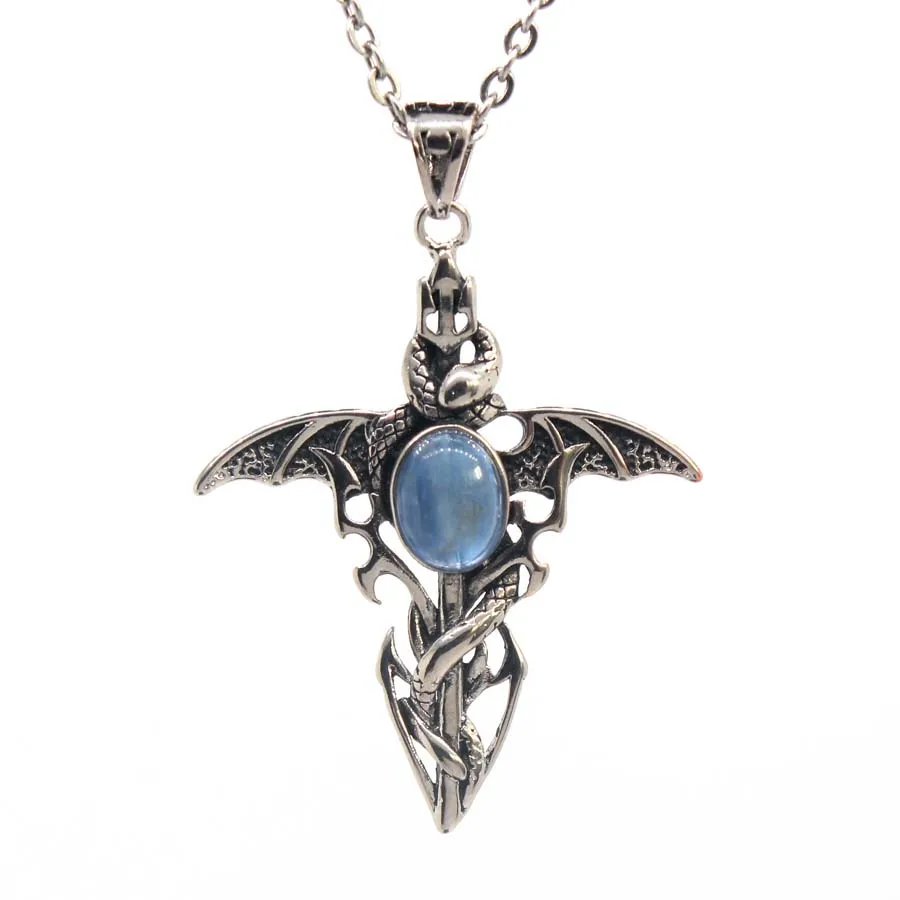 Titanium Steel Demon Sword Stone Pendant Necklaces For Women Natural Aquamarine Moonstone Dragon Cross Pendant Chain Men Jewelry