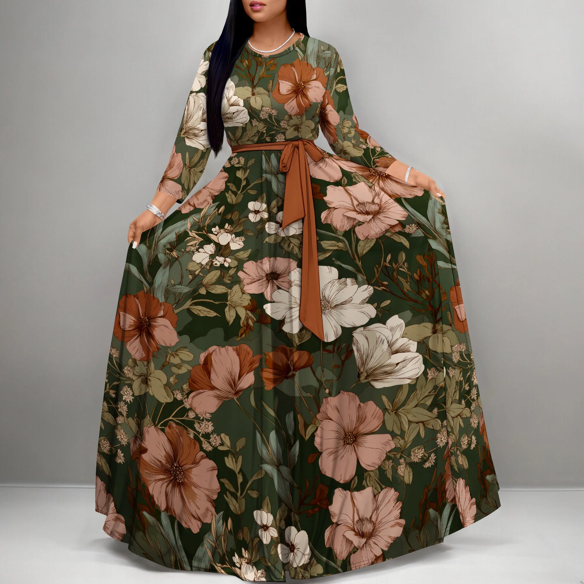 

Nupusa Green Pink Floral Print Dress for Women Regular Size Casual Round Neck 3/4 Sleeve Belted Maxi Dress