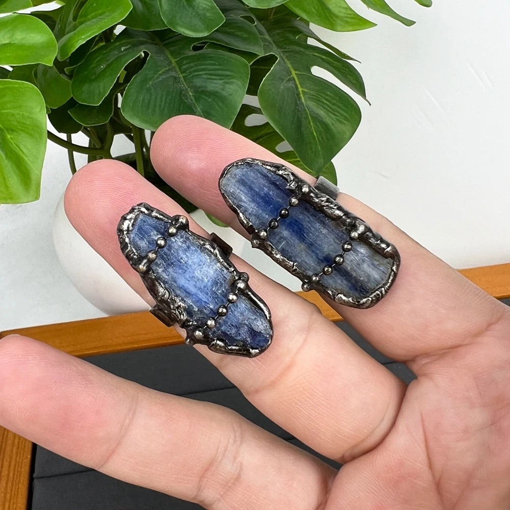 Natural Black Tourmaline Quartz Jet Stone ring, Vintage Blue Kyanite Crystal Ring for Women, Bronze Crystal Gemstone Jewelry