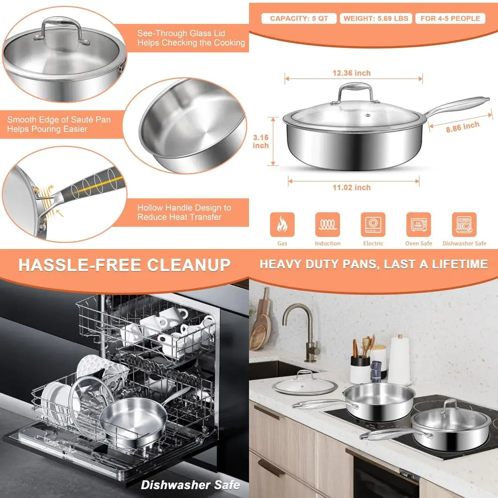 

12 Deep Frying Pan, Triple-Ply Stainless Steel, Lids Included, Heats Evenly, Oven and Dishwasher Safe, Compatible with All Cookt