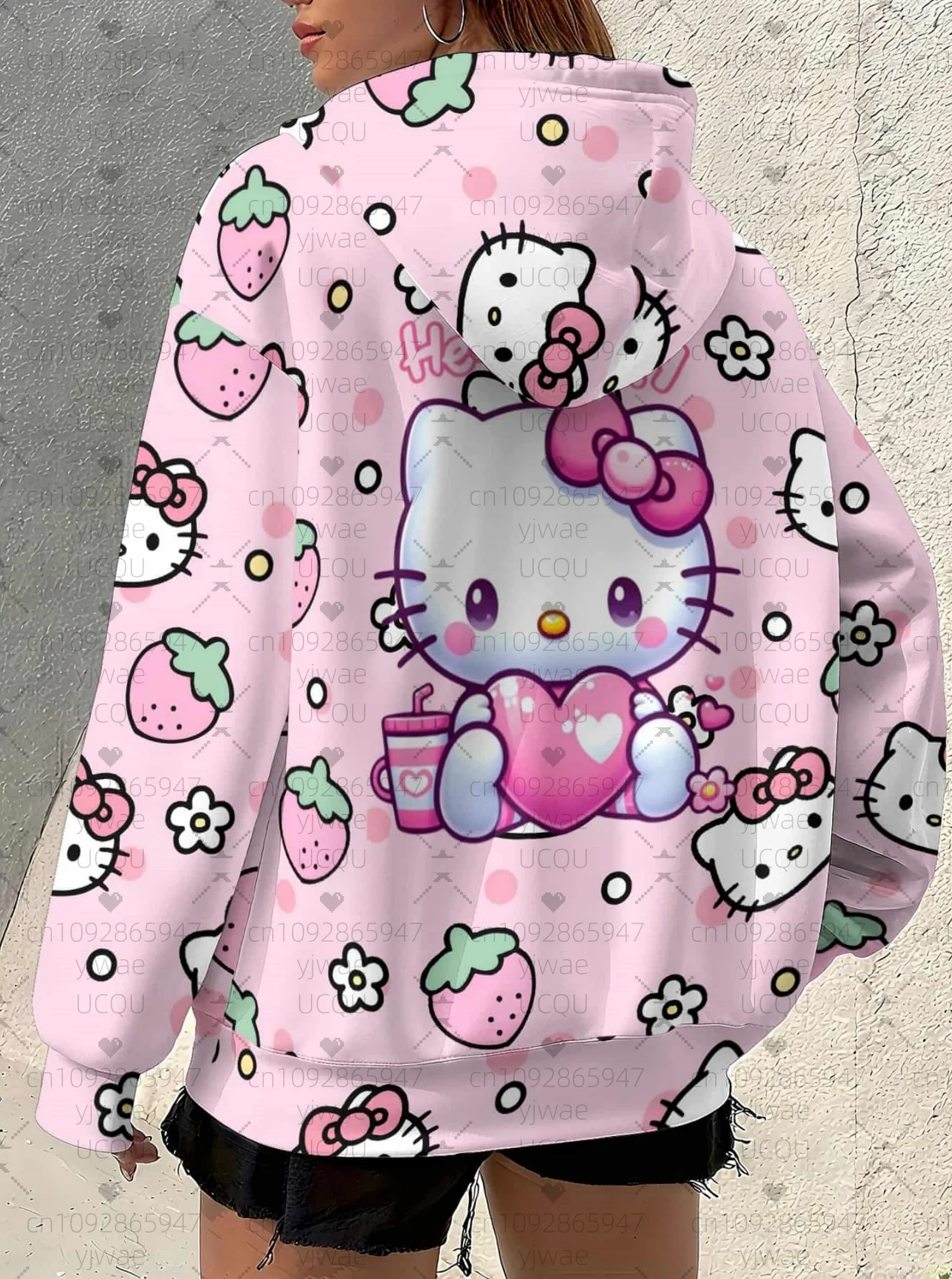 

Hello Kitty Creative Large Pattern Printed Hooded Shirt, Casual Fashion Street Trend Cute Fleece Pullover Top