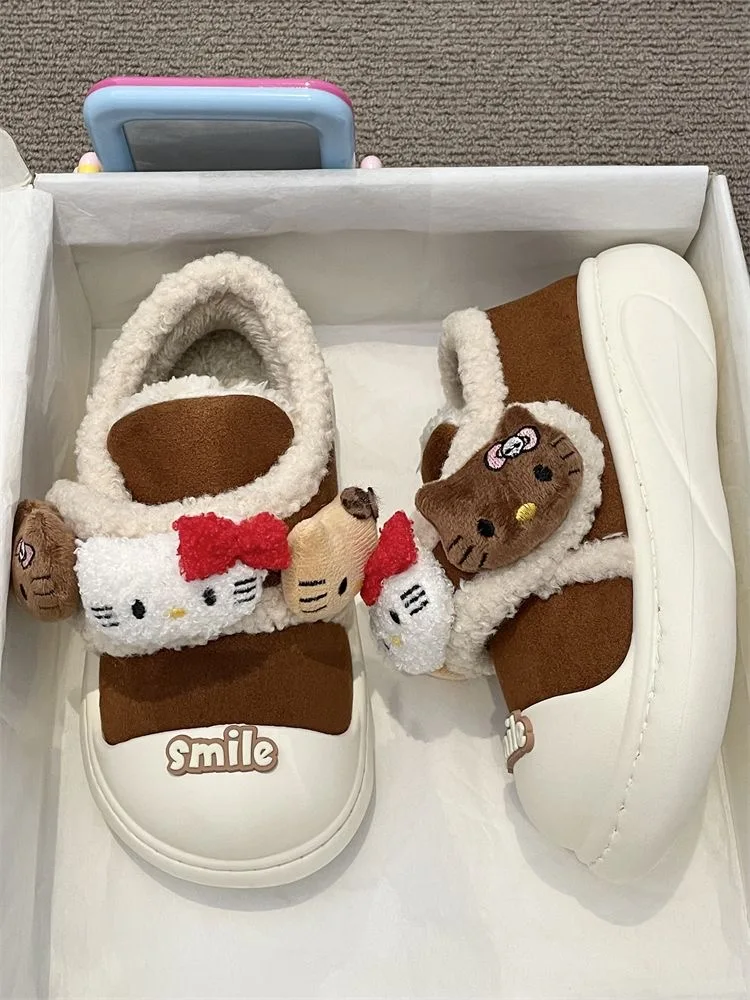 

Girl's Heart Hairy Shoes Women's Casual Shoes Winter Cute Cartoon Hello Kitty Doll with Thick Velcro Strap Warm Cotton Shoes