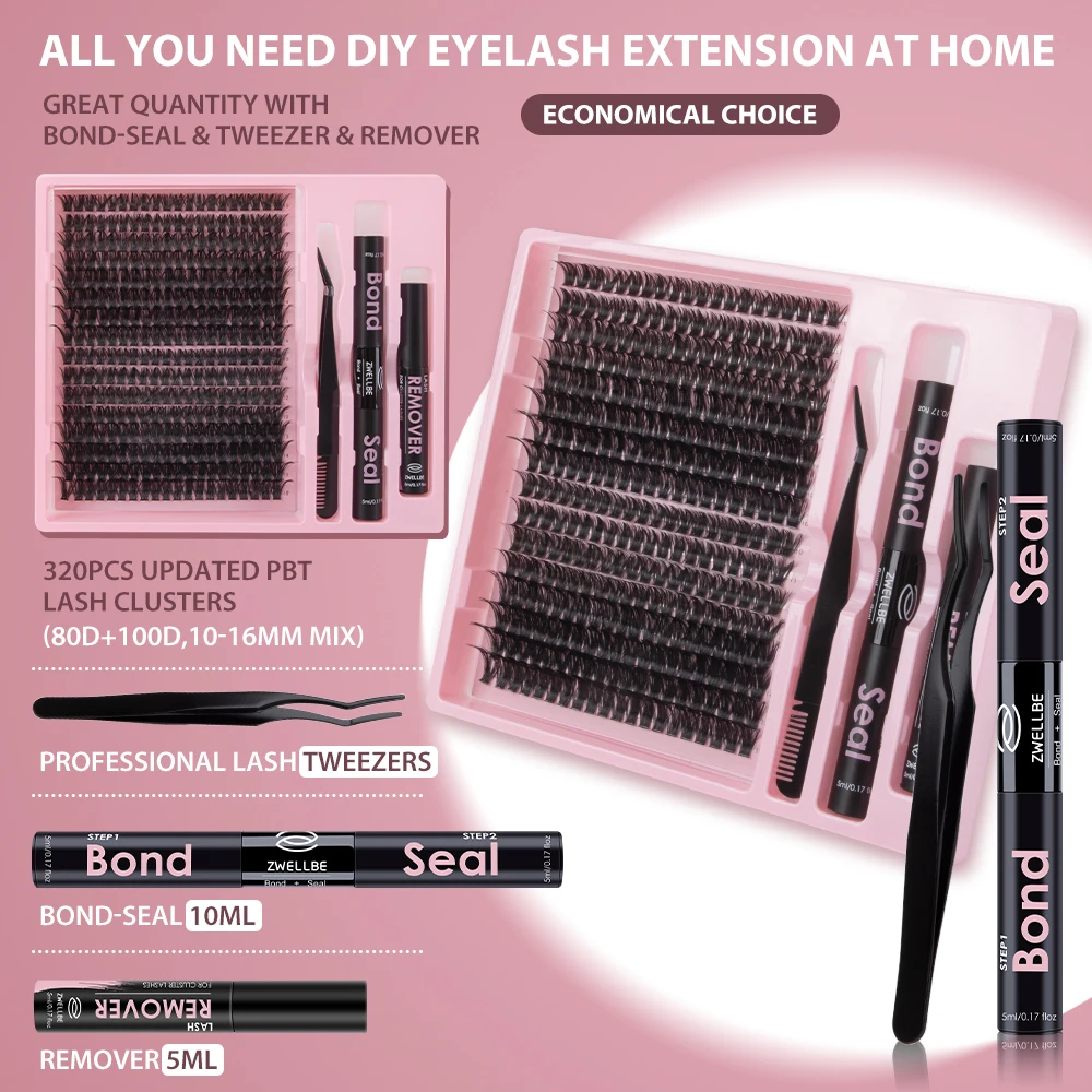 Lash Extension Kit DIY 320pcs Clusters 10-16mm 80D100D Individual Lashes with Bond and Seal, Lash Remover Tweezers for Self Use