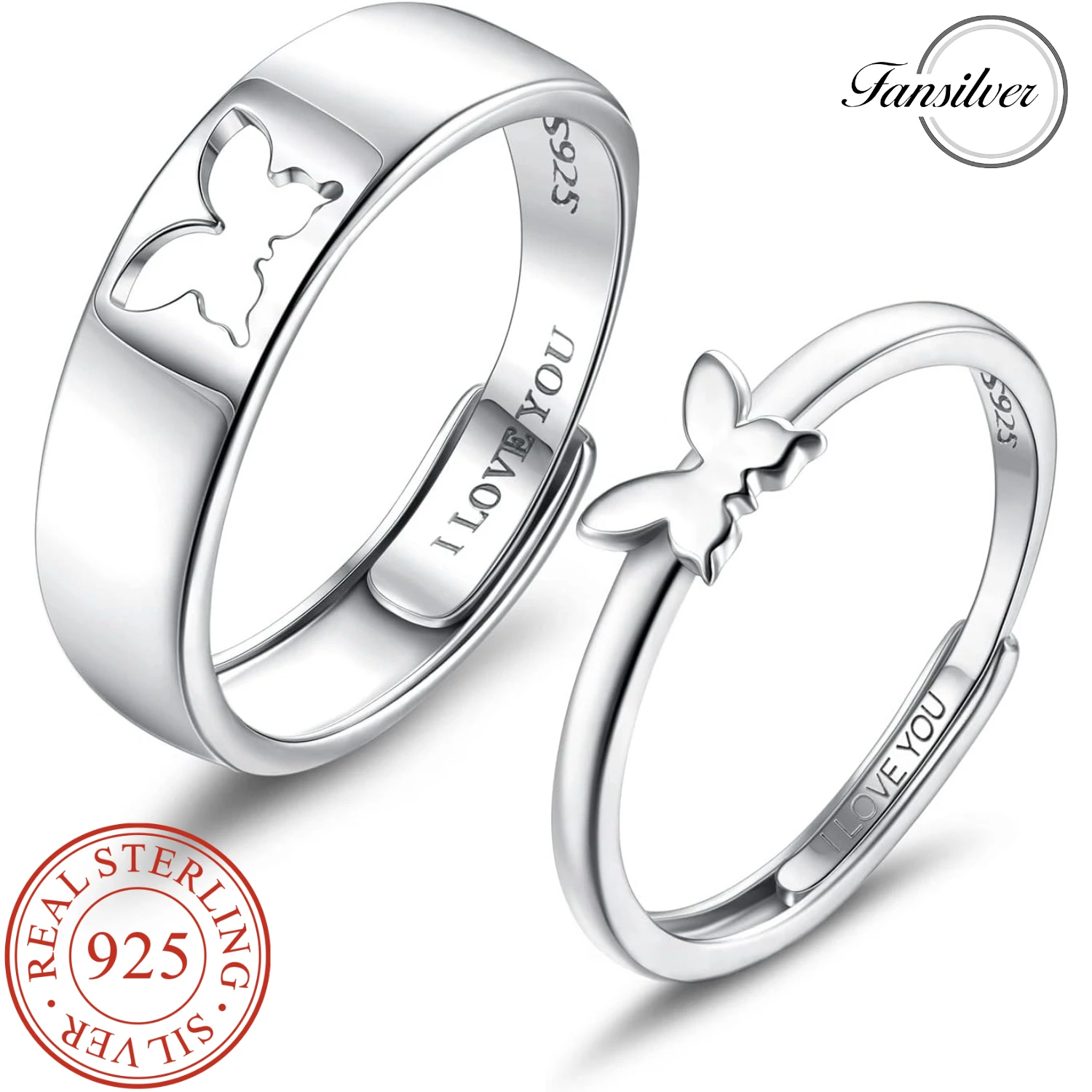 

Fansilver стерлингового серебра 925 пробы, одинаковые кольца с сердечками для пары, наборы обручальных колец, регулируемые кольца-бабочки, ювелирные изделия, подарок
