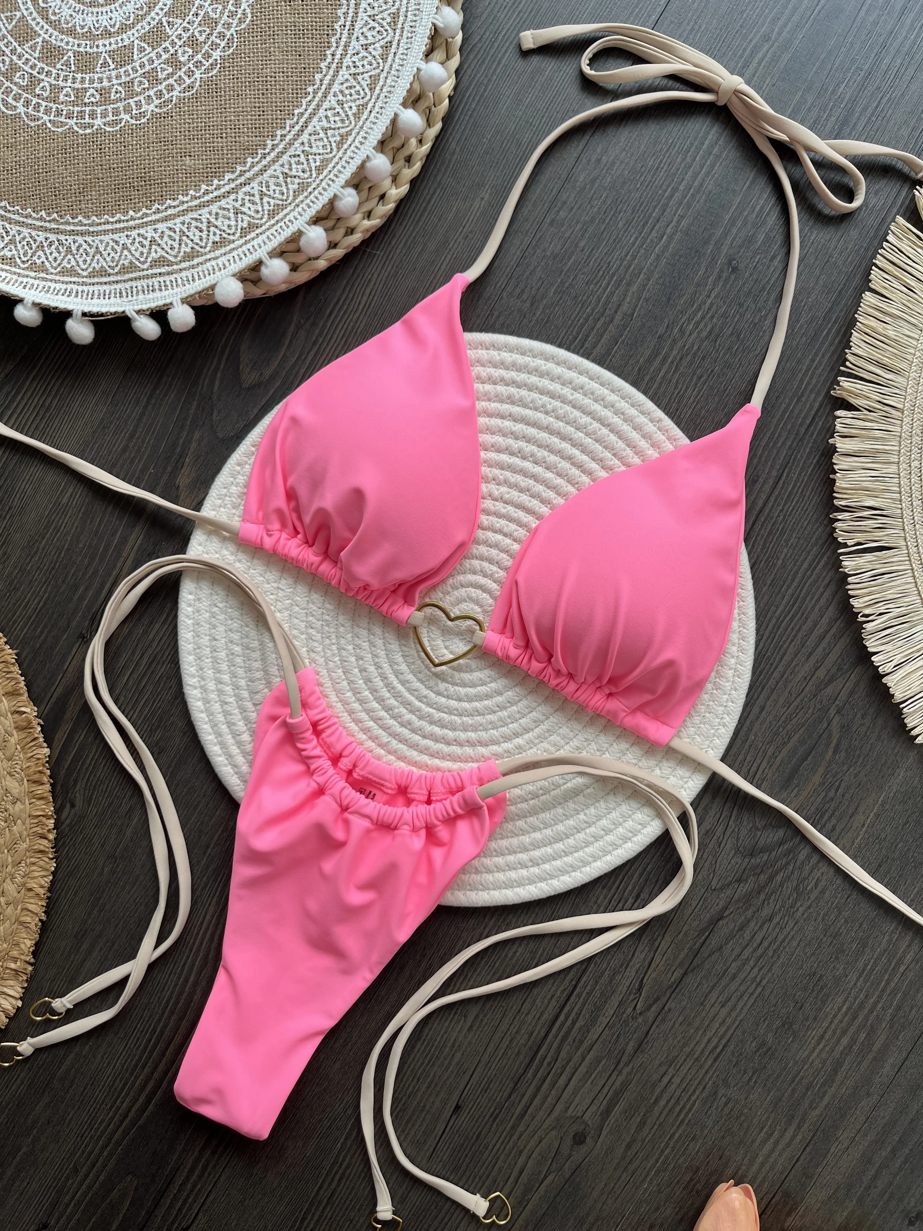 

Party Women Sexy Solid Swimsuit Heart Metal Ring Bikini Set Drawstring Two-piece Beach Wear Lace Up Split Biquinis