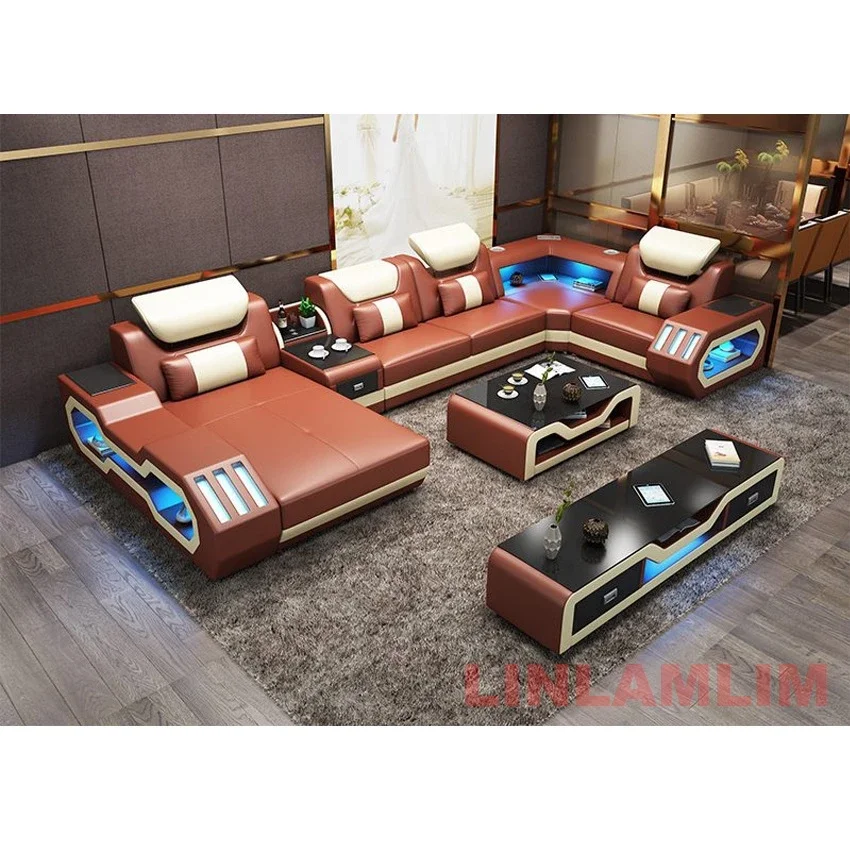 LED Lighted Sofa Set with Recliner, Speaker & USB Ports | Genuine Leather Sectional Couch with Console & Adjustable Headrests