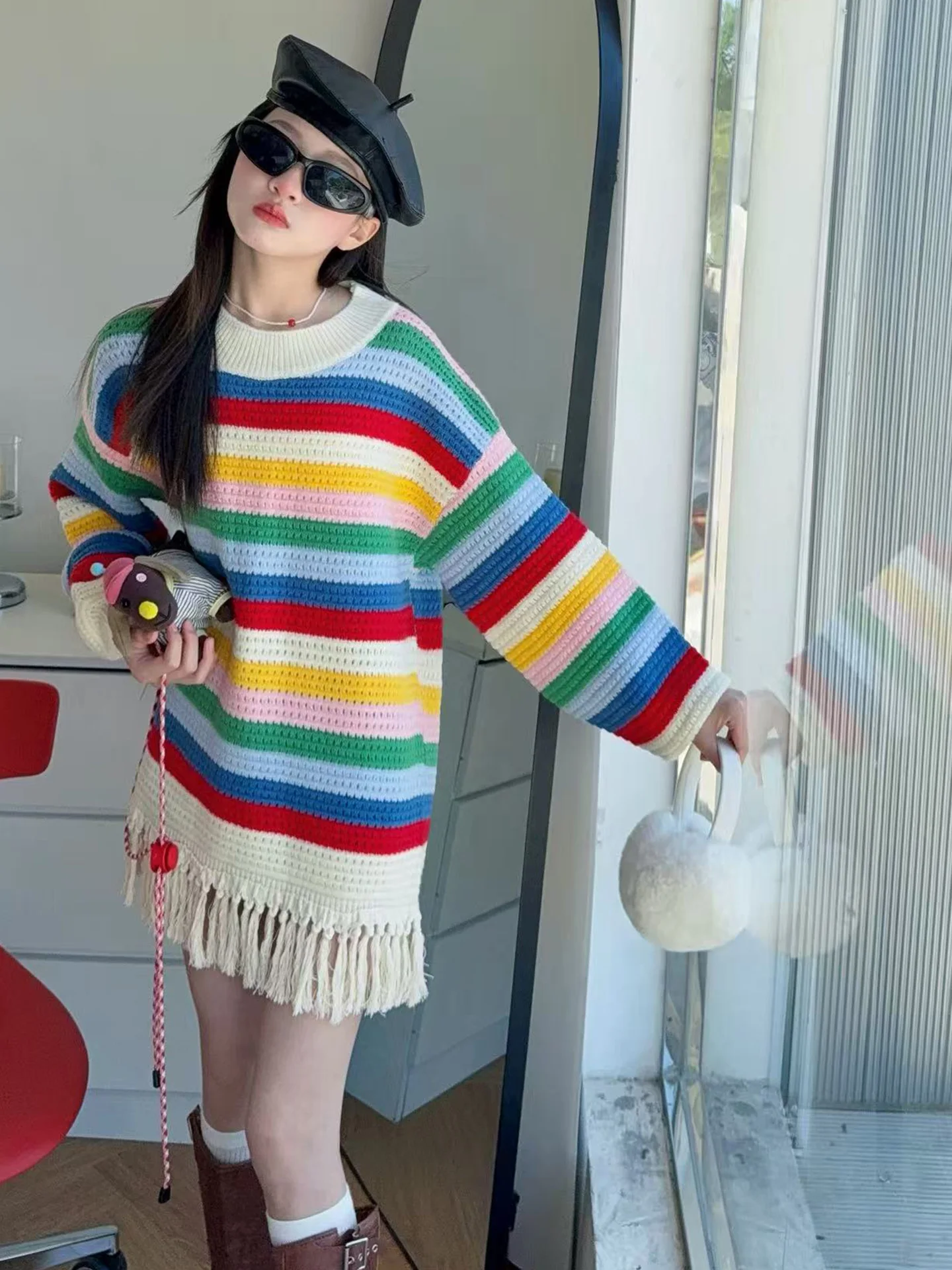 Spring Autumn Knitwear for Girls Tassel Trimmed Color Blo Striped Sweater Mid-Length round Ne Long Sve Warm Commute Sle
