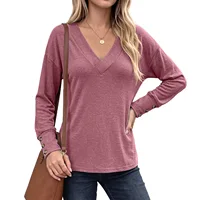 Women's V Neck Long Sleeve Tunic Top Loose Fit Drop Shoulder Tee with Button Cuff Detail Casual Basic Blouse - Image 2