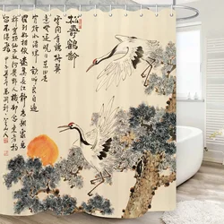 Asian Shower Curtain Traditional Chinese Pine Trees and Crane Flying Landscape Art Fabric Bathroom Decor Bath Curtains Set Hooks