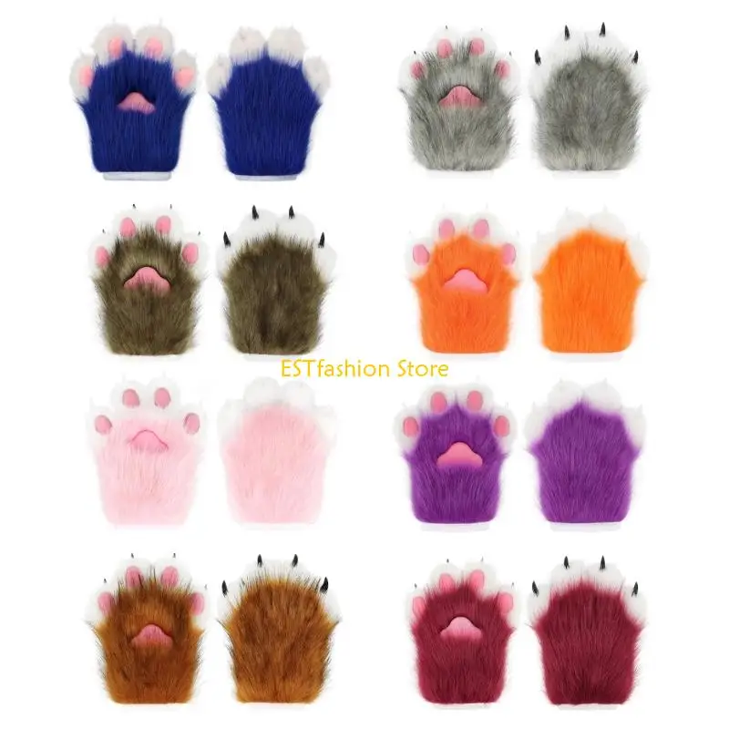 Y5GC Furry Plush Cats Paws Gloves For Adult Teens Halloween Festival Event Dressingup