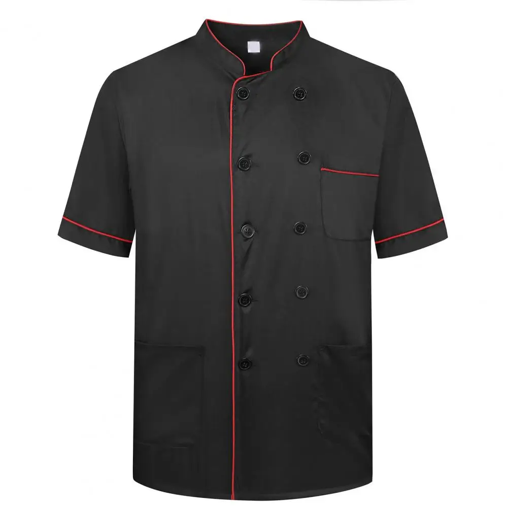 Line Decor Chef shirt  Double Breasted Patch Pocket Short Sleeve Chef Uniform Stand-up Collar Chef Jacket Chefs Work Clothes