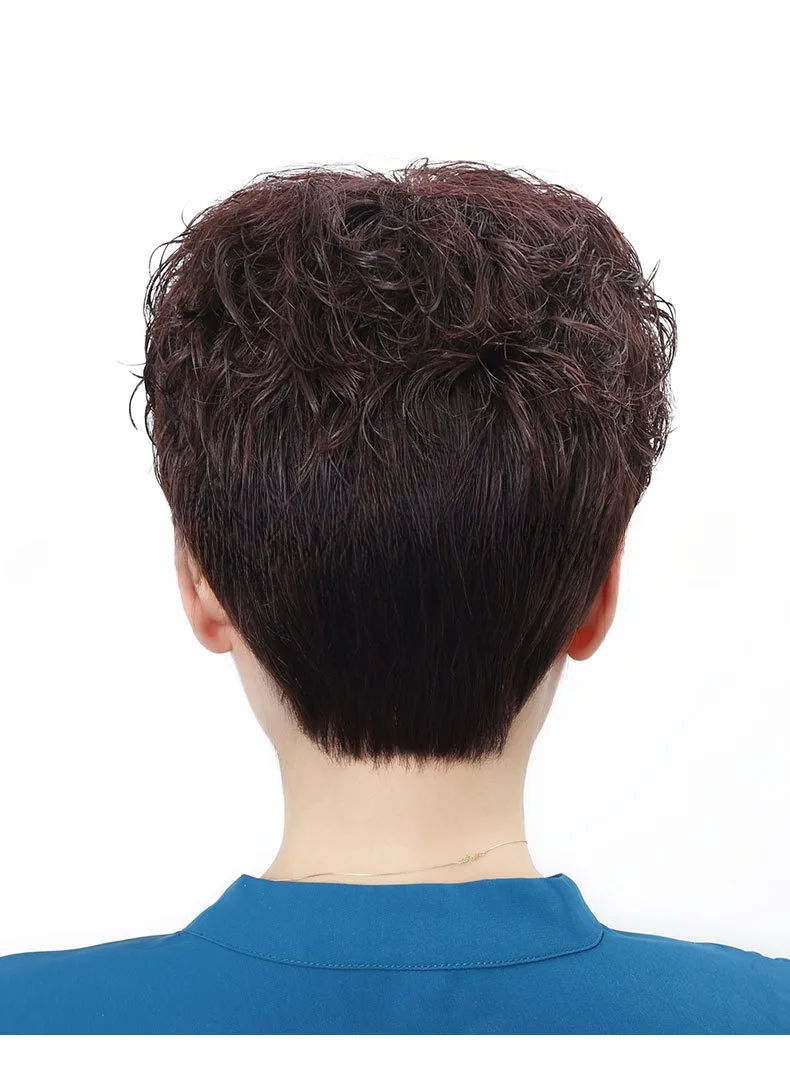 آلية شعر مستعار قصير مجعد شعر بشري واقعي وقابل للتنفس للنساء في منتصف العمر وكبار السن ملابس يومية بلونين