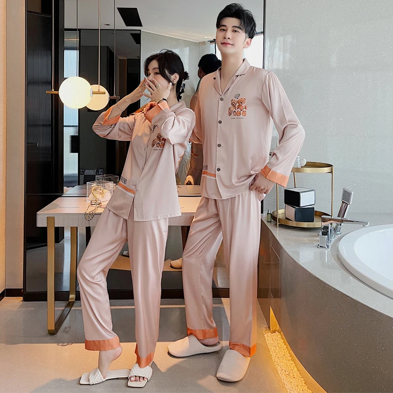 Autumn new design Couple pajamas ice silk men's long sleeve cartoon print cute women's sleepwear