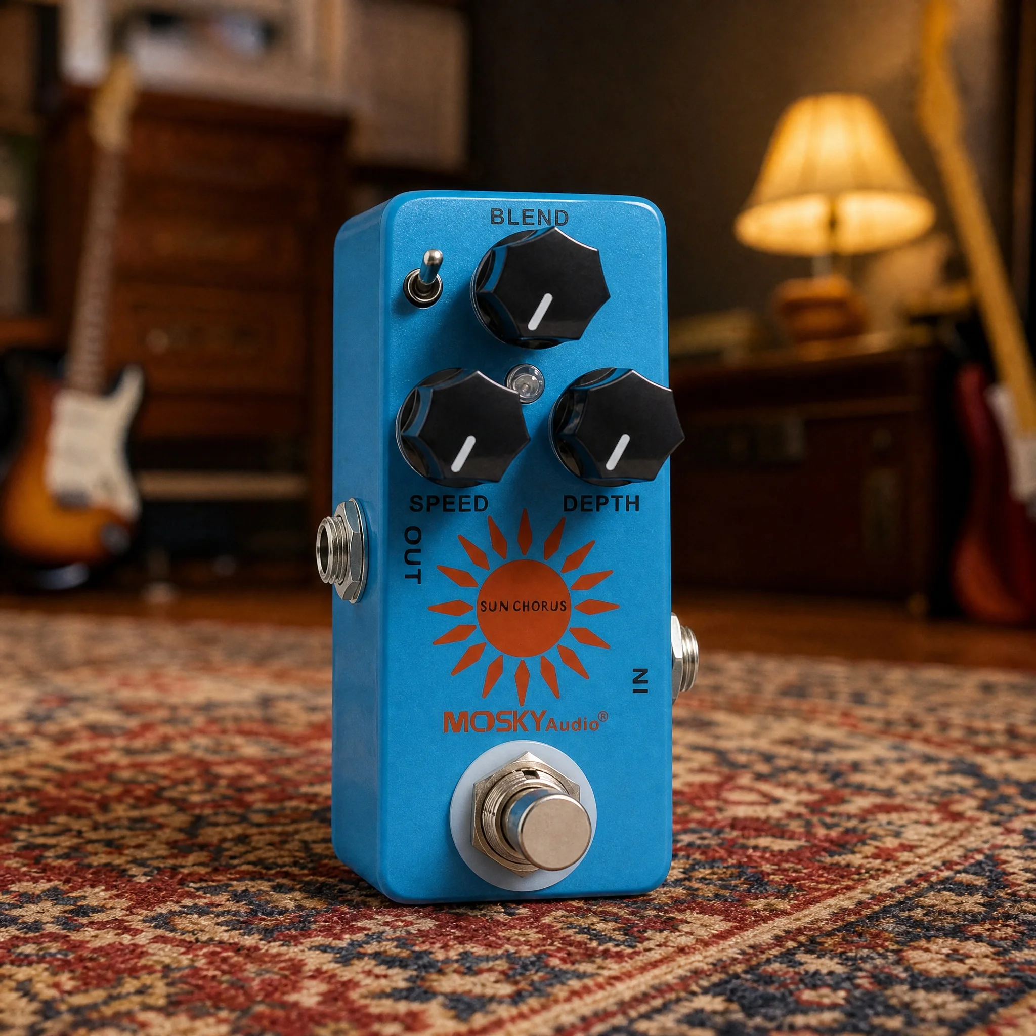 Pedal de Chorus para Guitarra Mosky Audio Sun Chorus, Analógico, True Bypass, Sonido Cálido y Lujoso, Tamaño Mini para Guitarra Eléctrica, Control de Velocidad, Profundidad y Blend