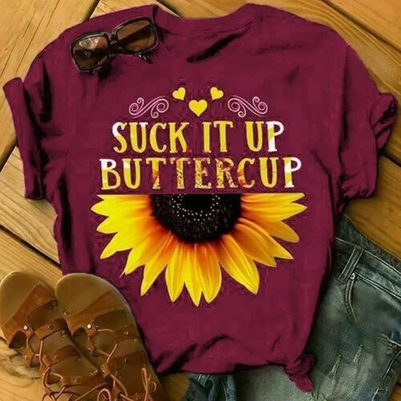 SUCK IT UP BUTTERCUP Letter Sunflower Print T Shirt Women Short Sleeve O Neck Loose Tshirt Summer Women Tee Shirt Tops Mujer