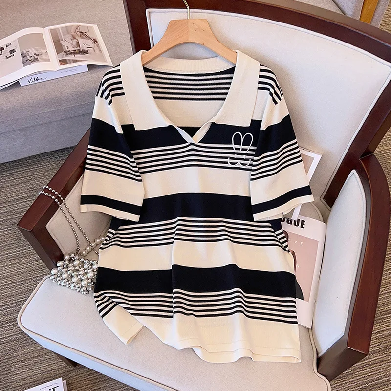 170Kg Plus Size Women\'s Bust 160 Summer Loose Ice Silk Knitted Striped Top Short Sleeve Lapel T-Shirt 5XL 6XL 7XL 8XL 9XL 10XL