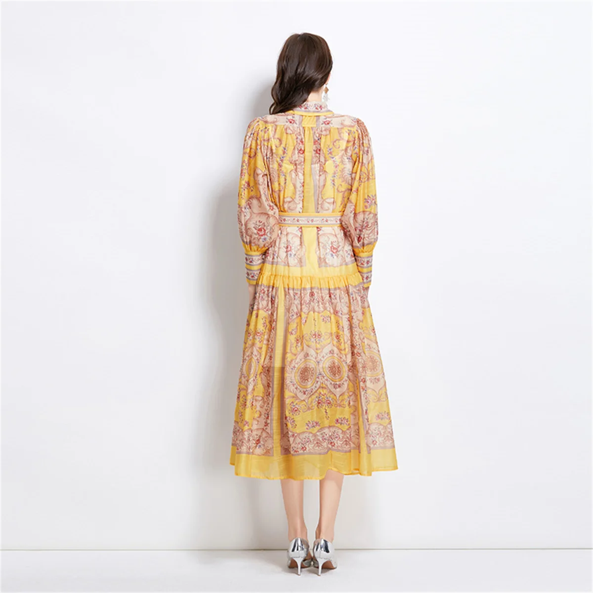 Klassieke vintage print lange maxi-jurk voor dames revers lantaarn mouw single-breasted slanke shirtjurk vestidos gewaden