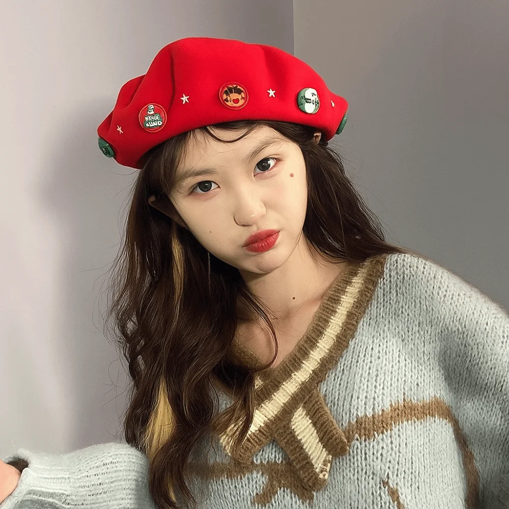 

Newsboy Cap Woolen Christmas Beret Solid Color Star Octagonal Hat Korean Style Warm Wool Beret Girl