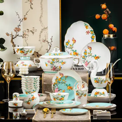 chinese porcelain plates dinner sets full set ceramic fine  floral china dinnerware set zastawa obiadowa komplet Gift set