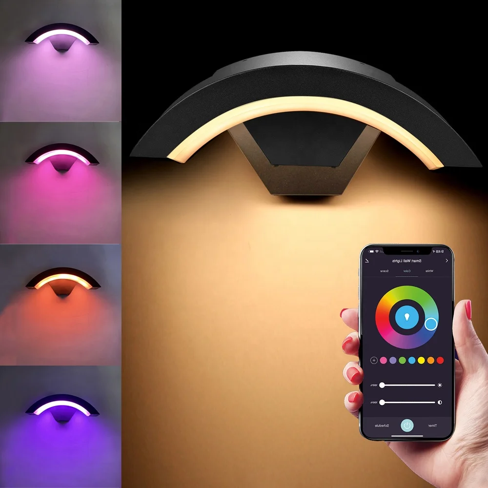 Smart Wifi Wall Sconces APP Control Dimmable RGB+2700K-6500K Colour Changing Wall Lamp 9W Black Indoor/Outdoor IP65 Porch Lights