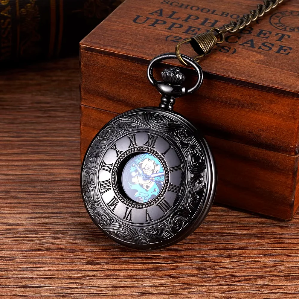 

Large mechanical watch hollow Rome double open mechanical pocket watch thick chain chain pocket watch black silver