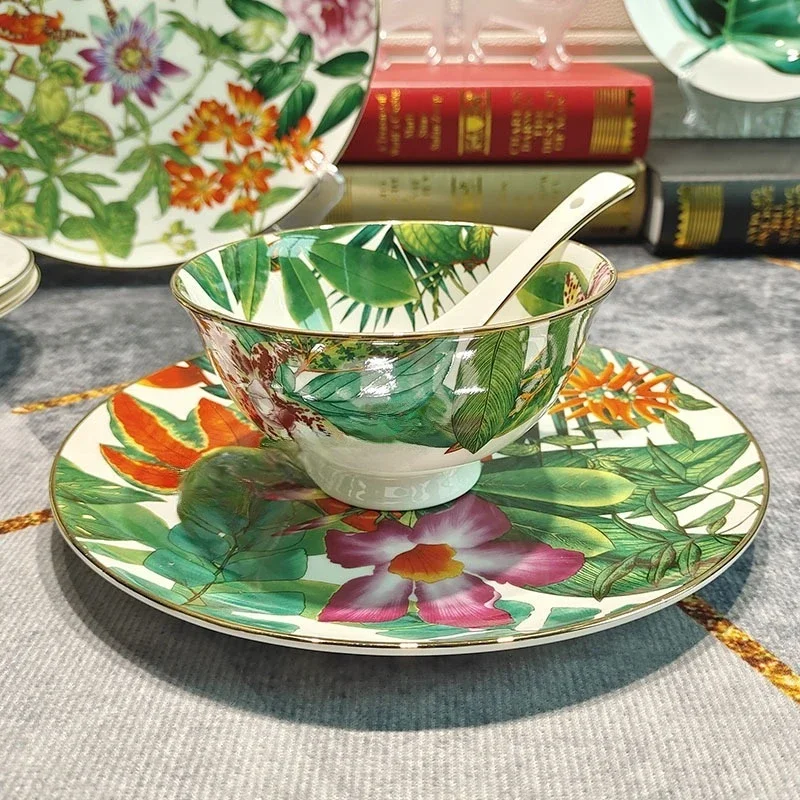 Illustration bone china 36 pieces tropical rainforest tableware dish set