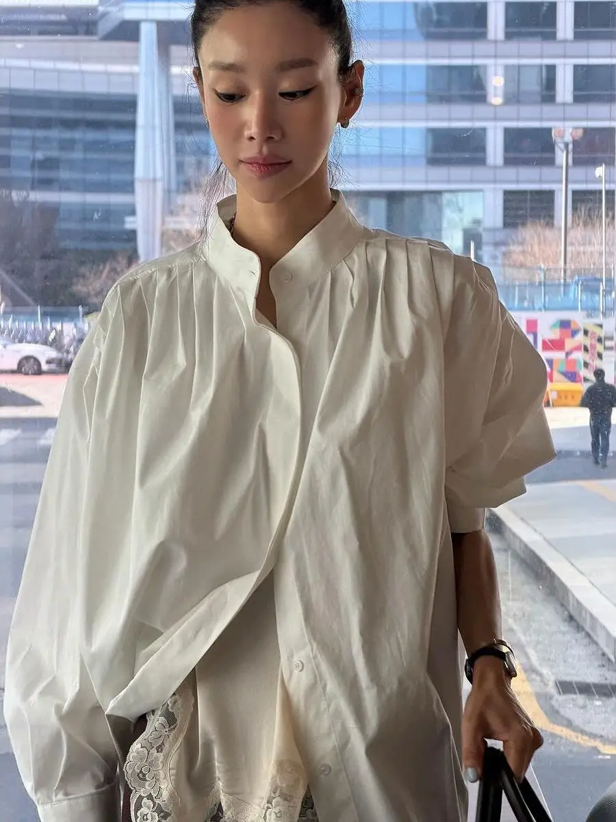 

Весенняя модная свободная женская рубашка с длинным рукавом и воротником-стойкой, универсальная, в корейском стиле, с рукавами-фонариками, из тонкого хлопка