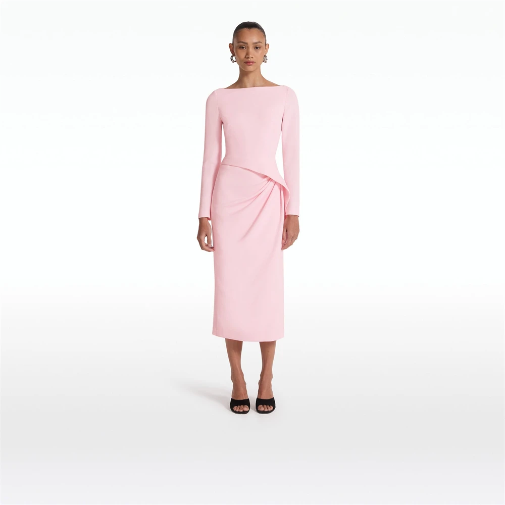 

Crepe Evening Dress For Sexy Women 정장원피스 Vestidos de festa Elegant Scoop Neck Tea-Length Long Sleeve Cocktail Party Prom Gown