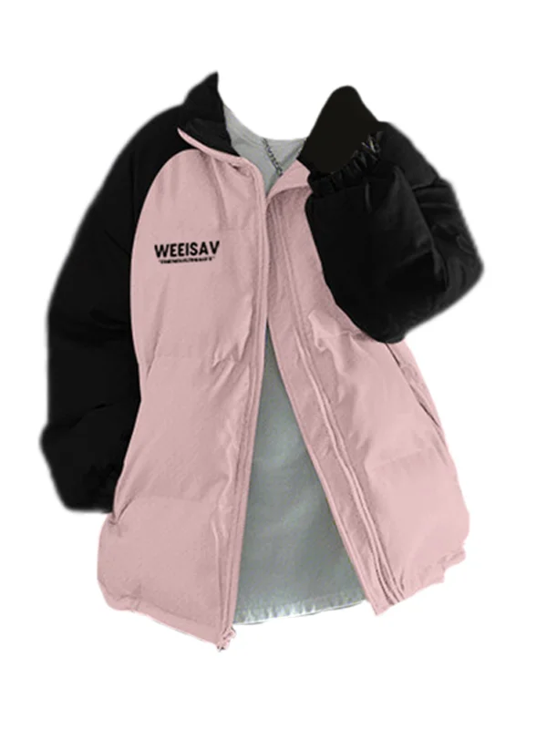 

Женская зимняя теплая куртка-пуховик больших размеров из хлопка с черно-белыми вставками и рукавами-крылышками