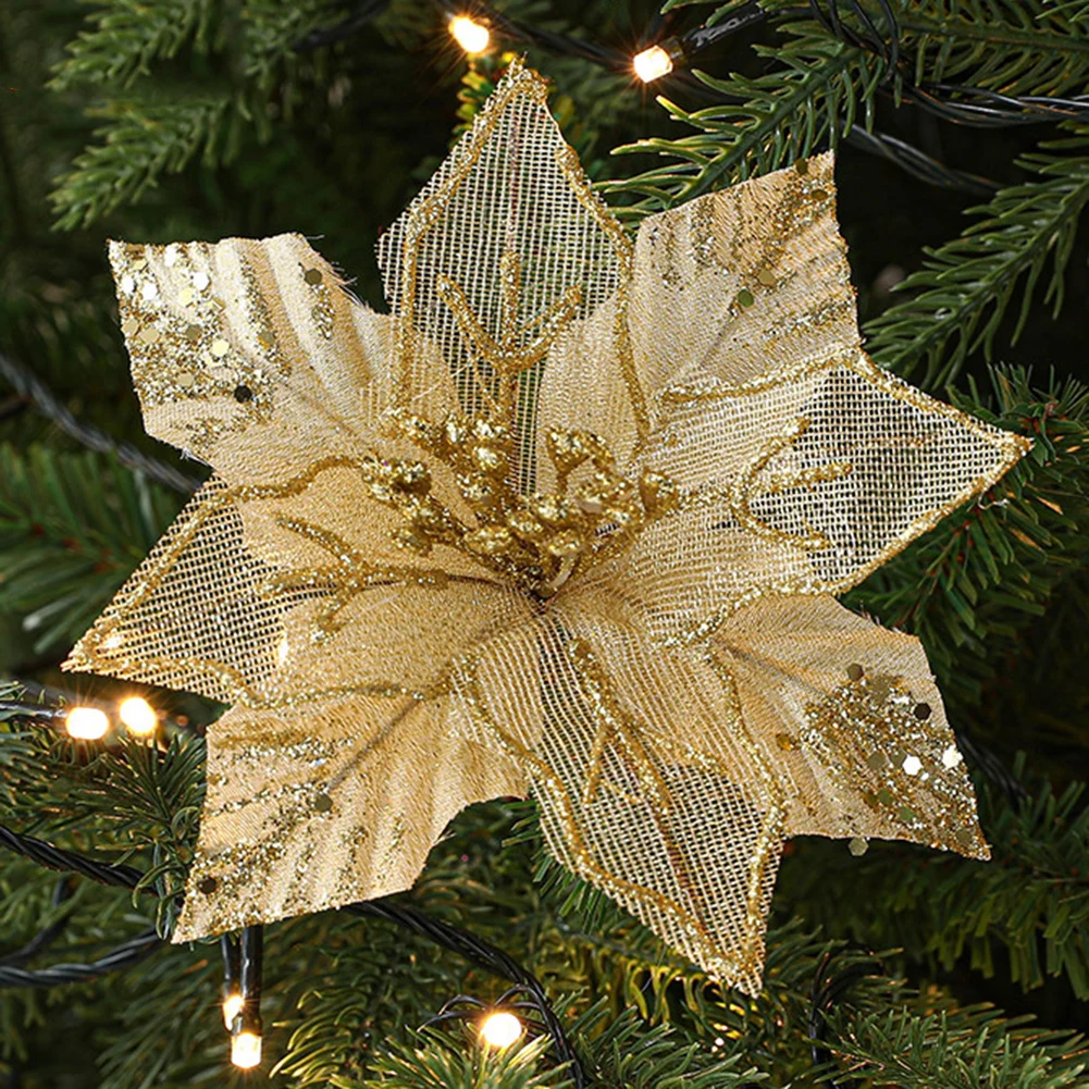 Hanging Xmas Party Tree Decoration Christmas Flower Flower Flower Diameter 18cm Glitter Flower Pole Length 12cm