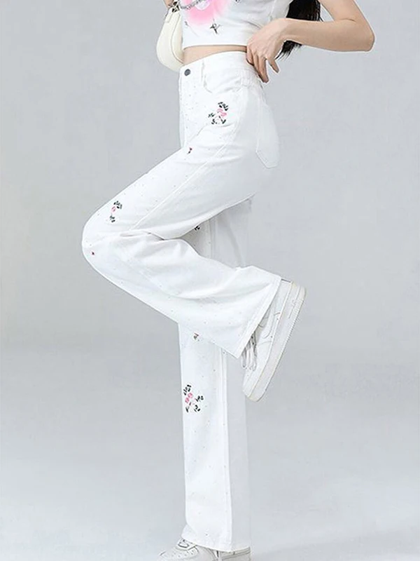 Floral Wide Leg Denim Jeans High Waist Loose Fitting Slimming Floor Length Straight Cut Pants for Women Summer New plus Size