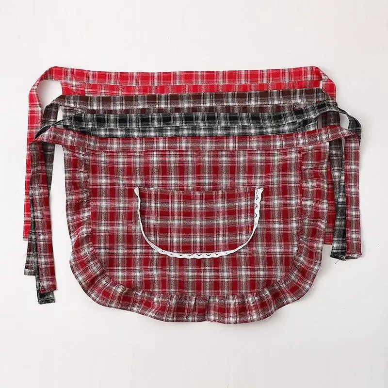 Apron Square Check Half Waist Apron Cotton Material Stain Resistant Breathable Home Cooking Work Clothes Kitchen Accessories