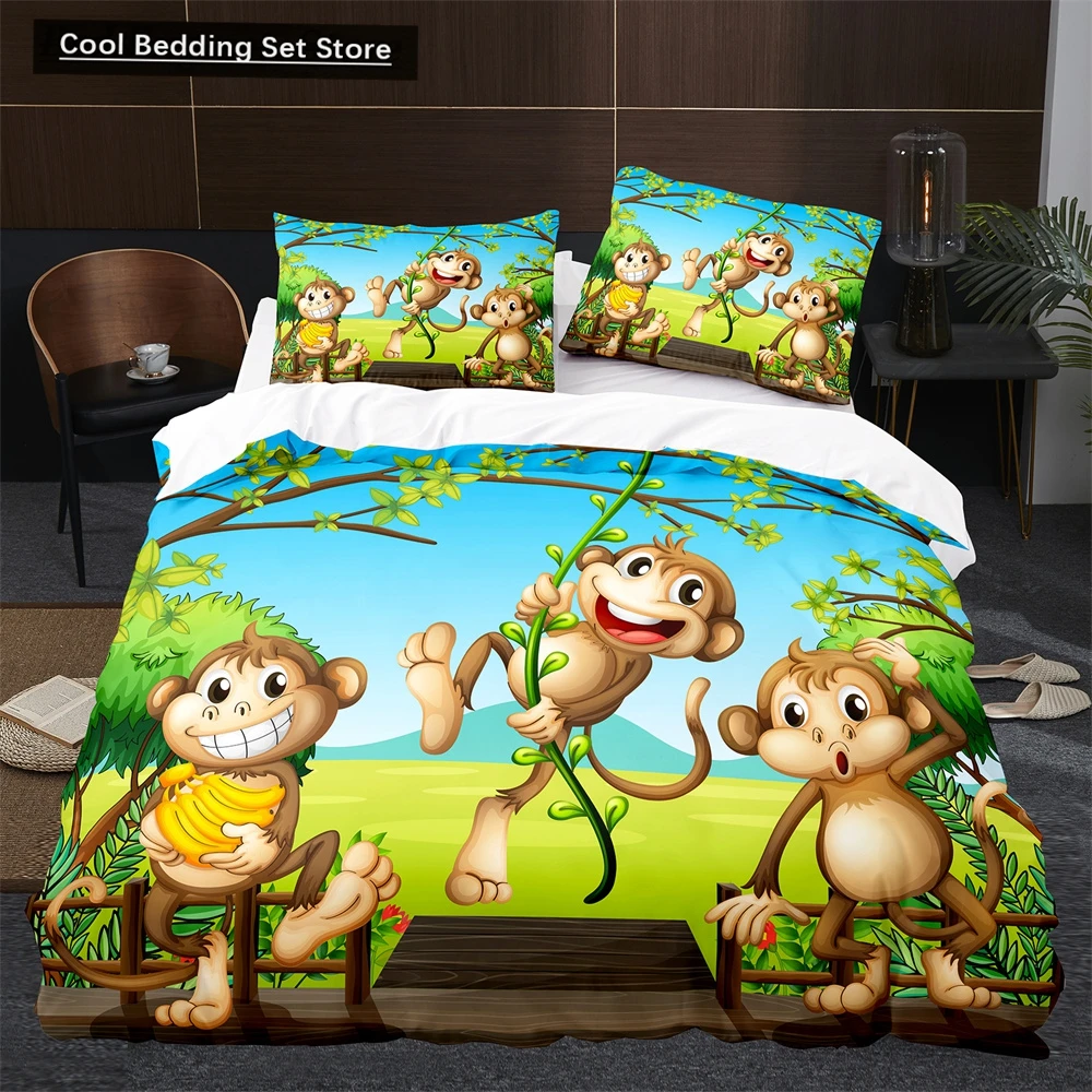 Monkey Duvet Cover King Queen Lovely Cartoon Animal Bedding Set for Kids Boy Girl Green Jungle Tree 2/3pcs Polyester Quilt Cover