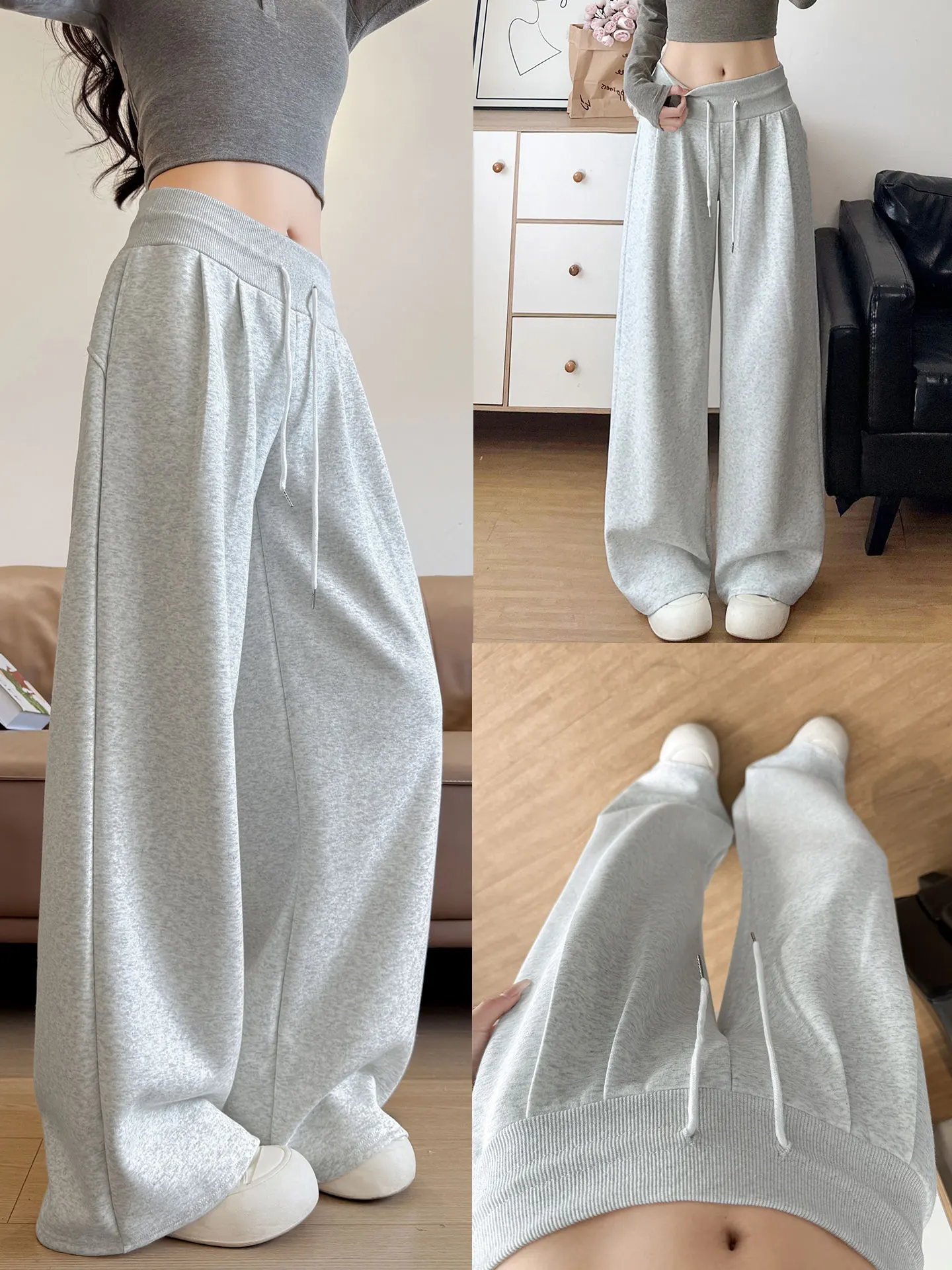 

Grey Low Waist Sports Pants Women's Autumn 2025 New Small Size Lazy Style Retro Casual Loose Wide Leg Pants Commute Style Kor...