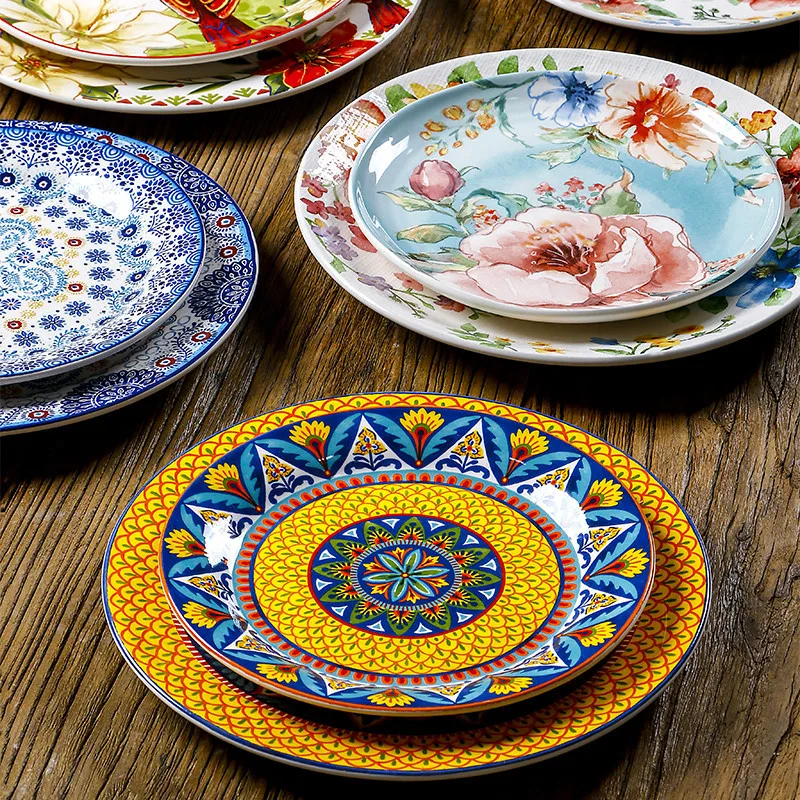 

Bohemian Style Ceramic Plate Round Steak Pasta Plate Underglaze Color Plate Restaurant Plates Dinner Set Plates and Dishes