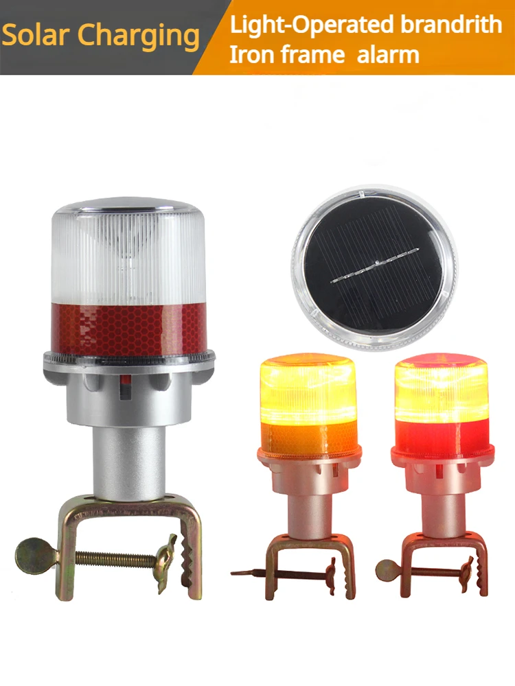 solar powered led luz de advertencia vermelho amarelo estroboscopico piscando luz de sinal com base de ferro fixa diferente 01