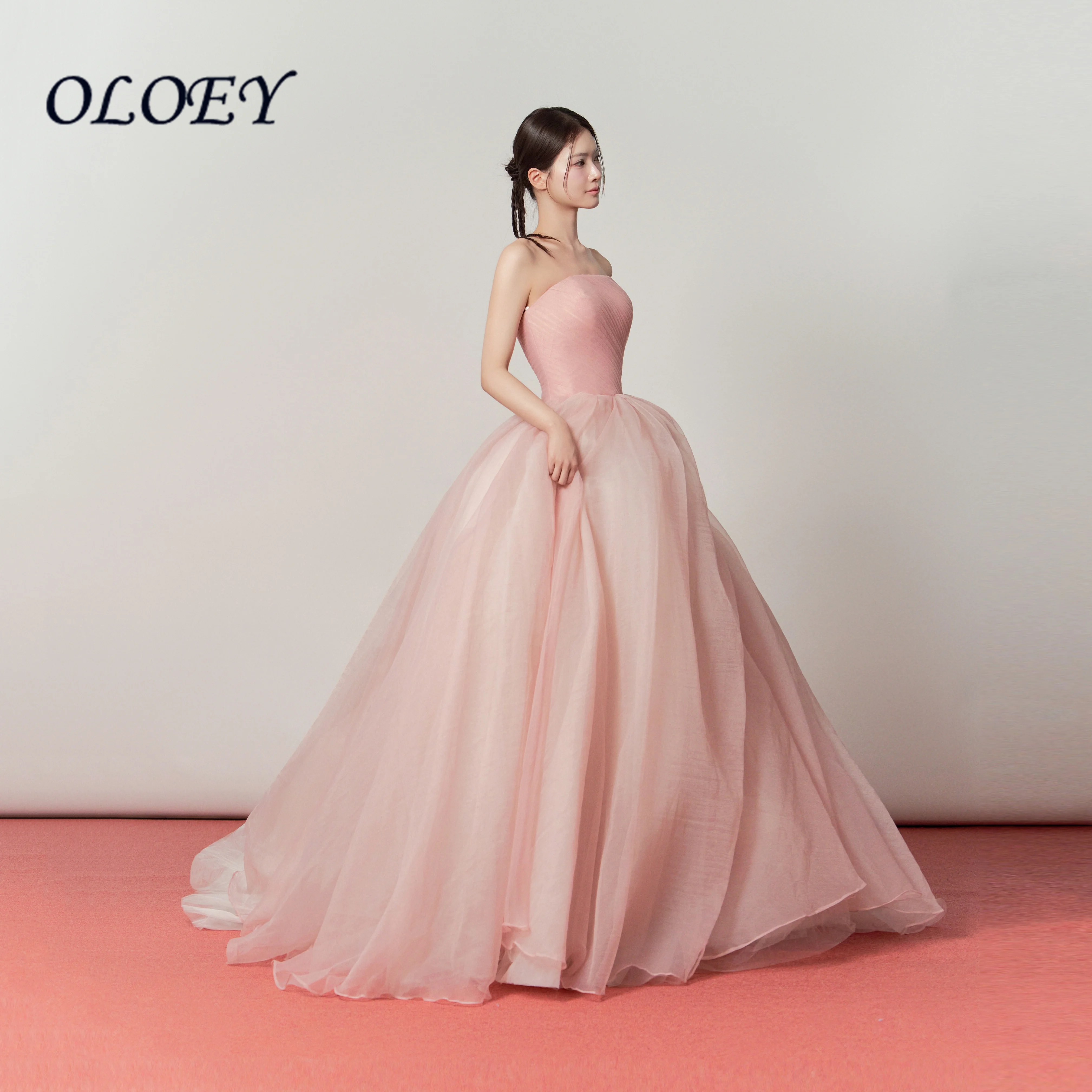 OLOEY Fantasy Pink 2026 Princess Korea Prom Dress Customised A-line Strapless Evening Gowns Wedding Photoshoot Train