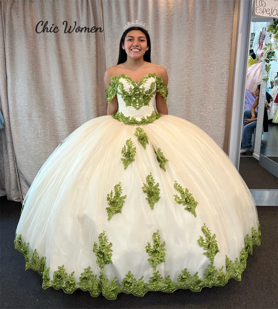 Green Lace Charro Quinceanera Dress Mexican Fluffy Tulle Vestidos De 15 Xv Años Lace Up  White Pageant Birthday Customized