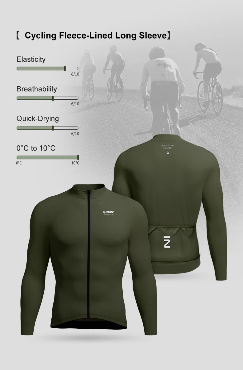 INBIKE Herren-Fleece-Radtrikot für den Winter, langärmelig, durchgehender Reißverschluss, einfarbig, Rennrad-Top mit 3 Gesäßtaschen, Radtrikot – Detail 1
