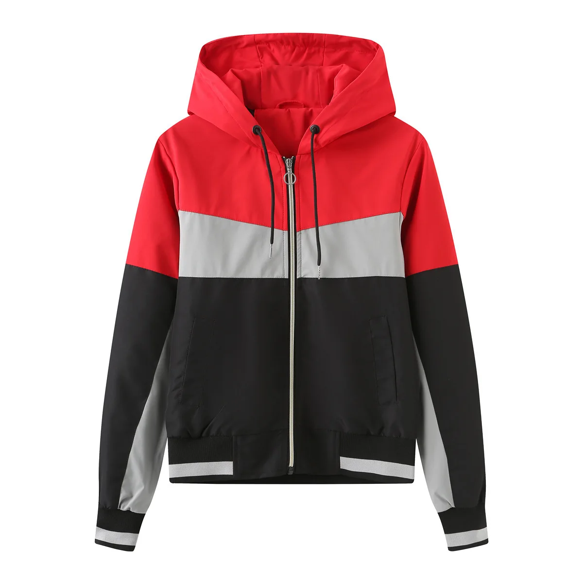 2024 Spring and Autumn New Thin Hooded Windbreaker Women's Insert Color Long Sleeve Zipper Drawstring Coat