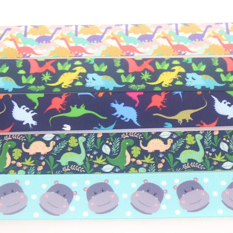 DUWES 50yards Dinosaur Hippo Printed Grosgrain Ribbon Accessories Material Headwear Decoration DIY Sewing Craft D1845